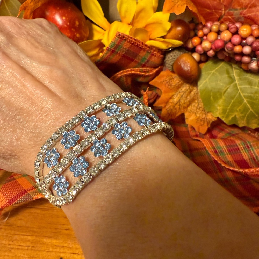 Vintage Silver Blue and Clear Crystal Bracelet